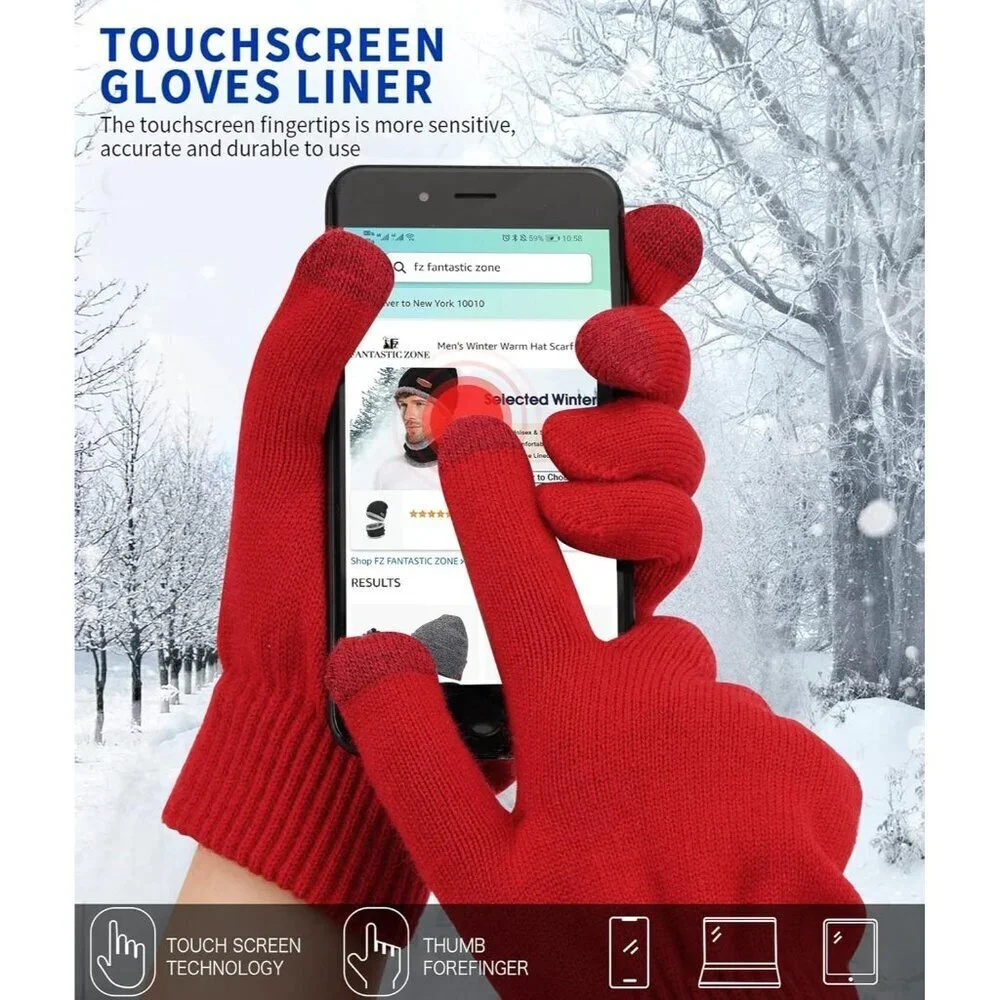 Women's Red Winter Touchscreen Wool Magic Warm Knit Fleece Lined Gloves